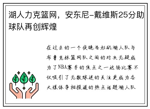 湖人力克篮网，安东尼-戴维斯25分助球队再创辉煌