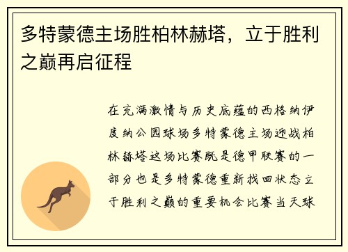 多特蒙德主场胜柏林赫塔，立于胜利之巅再启征程