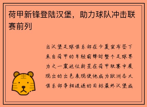 荷甲新锋登陆汉堡，助力球队冲击联赛前列